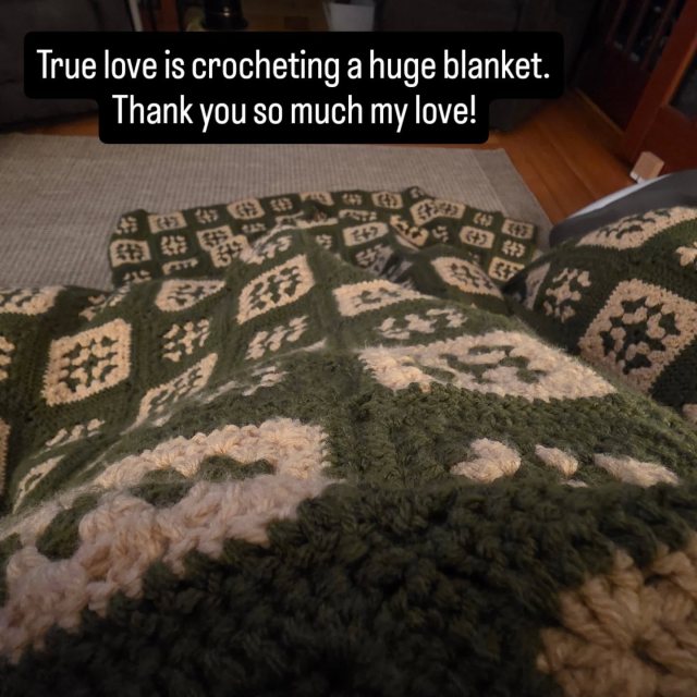Angela had working on this blanket since November. It's huge. No pattern, just a determined spirit and love.