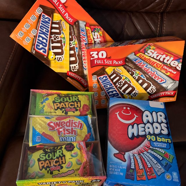 Nate's stash of full-size candy bars for Halloween